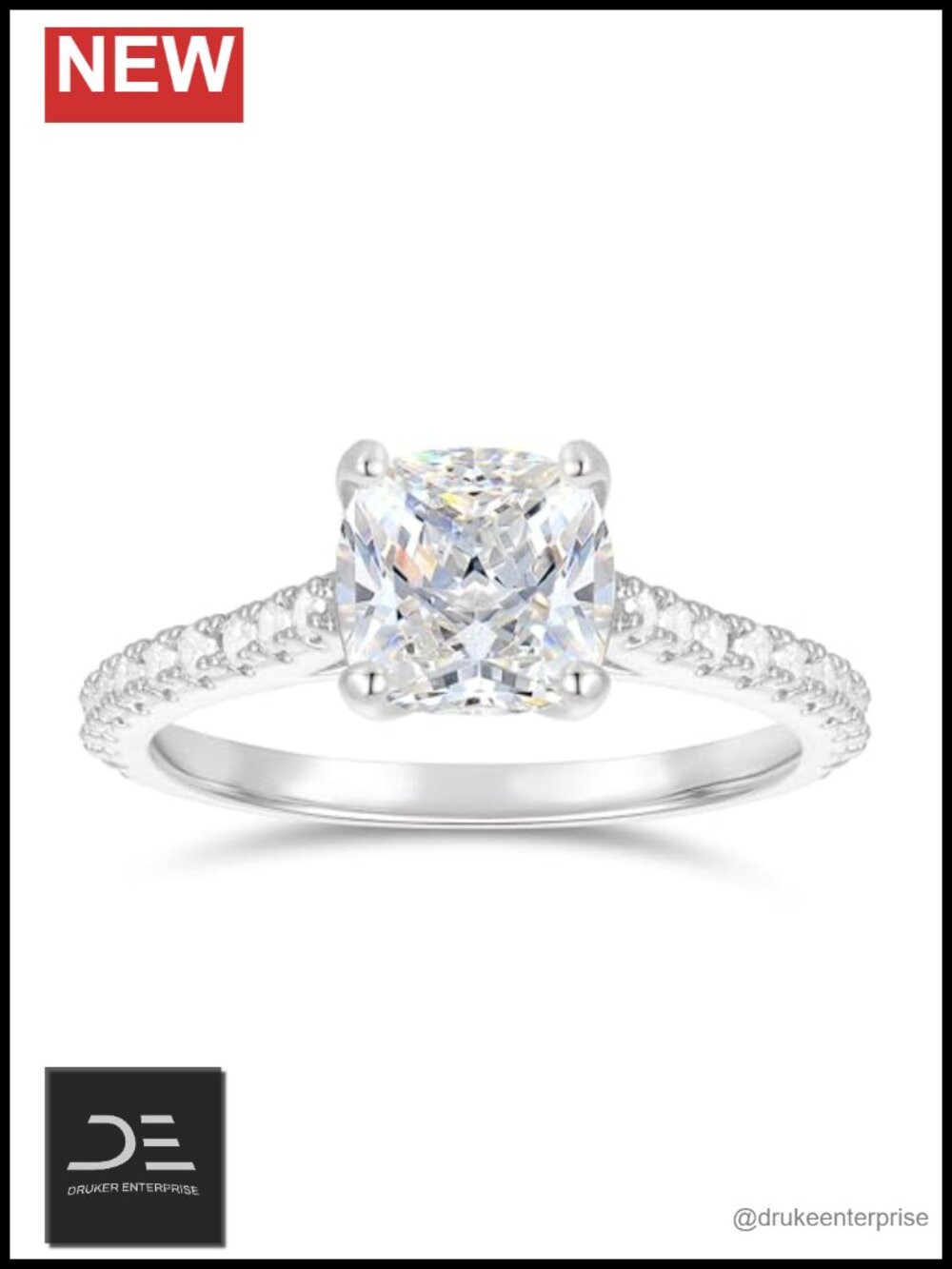 14K White Gold 2CT Cushion Cut Moissanite Engagement Ring - Sparkling for Women